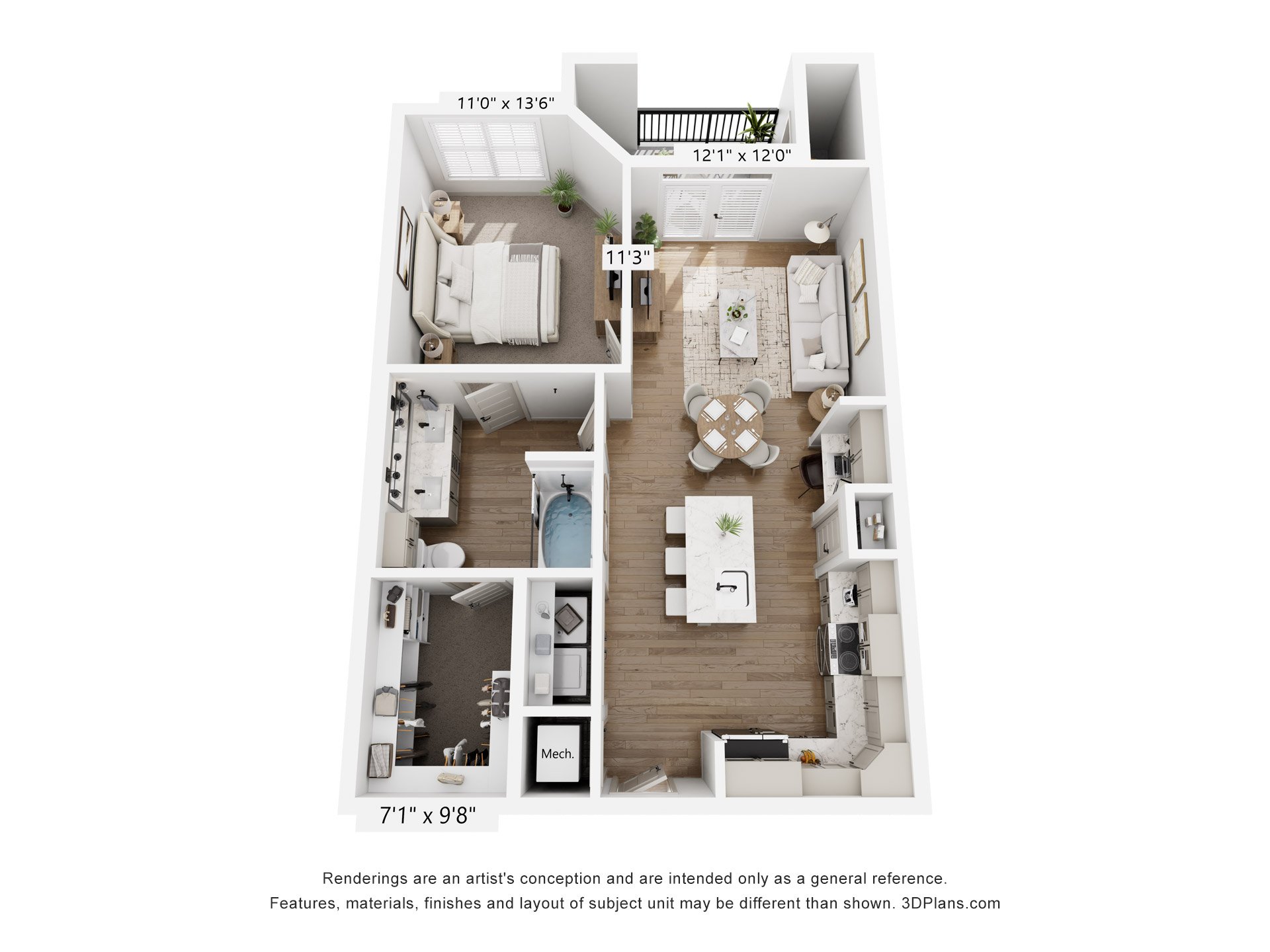 Floor plan for 1 bed, 1 bath, 763 sqft